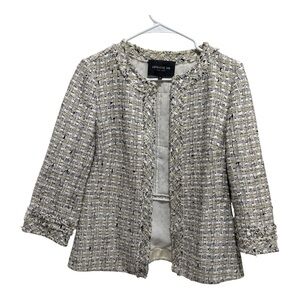 Lafayette 148 New York Tweed Open Front Jacket Blazer Fringe Trim